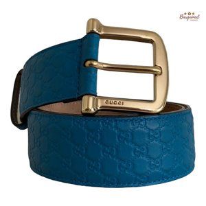 Authentic GUCCI Teal Blue Microguccissima Leather Gold Buckle Belt Size 80/32